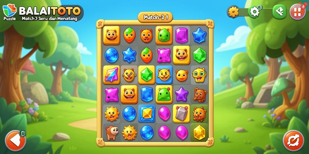 Tampilan antarmuka BALAITOTO yang menarik dengan elemen Puzzle Match-3 yang ceria.
