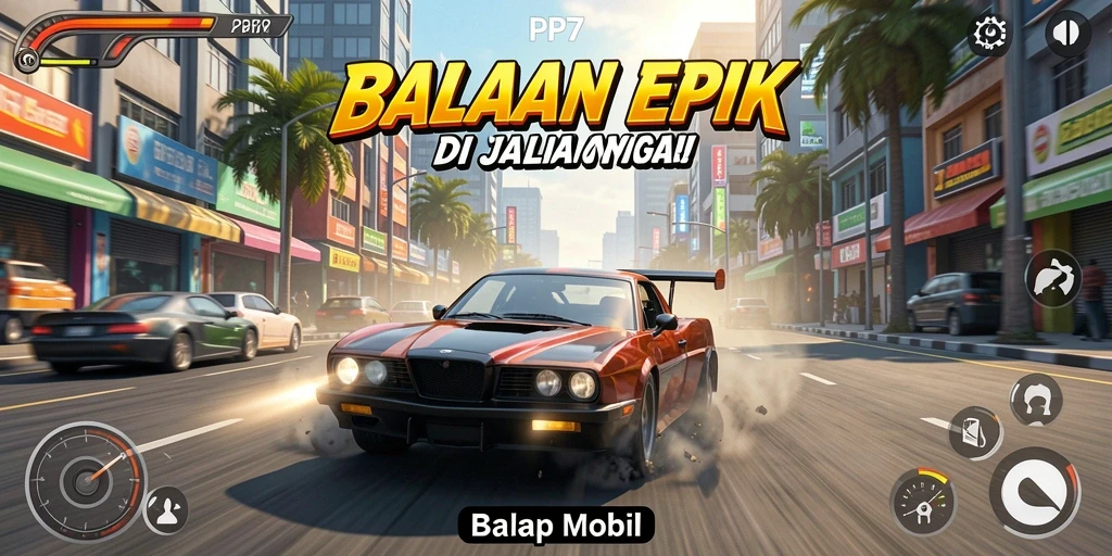 Tampilan antarmuka PP7 saat balapan dengan mobil melaju cepat.
